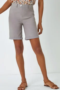 Roman Taupe Elastic Waist Turn Up Stretch Shorts