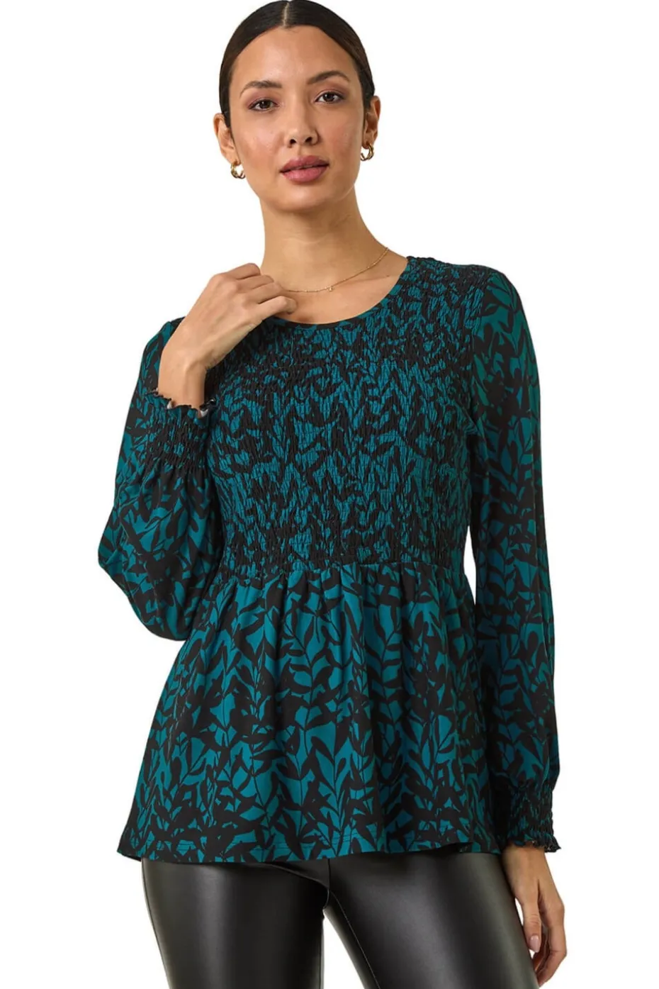 Roman Teal Abstract Printed Shirred Tunic Top