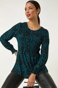 Roman Teal Abstract Printed Shirred Tunic Top