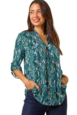 Roman Teal Abstract Print Front Pleat Stretch Top