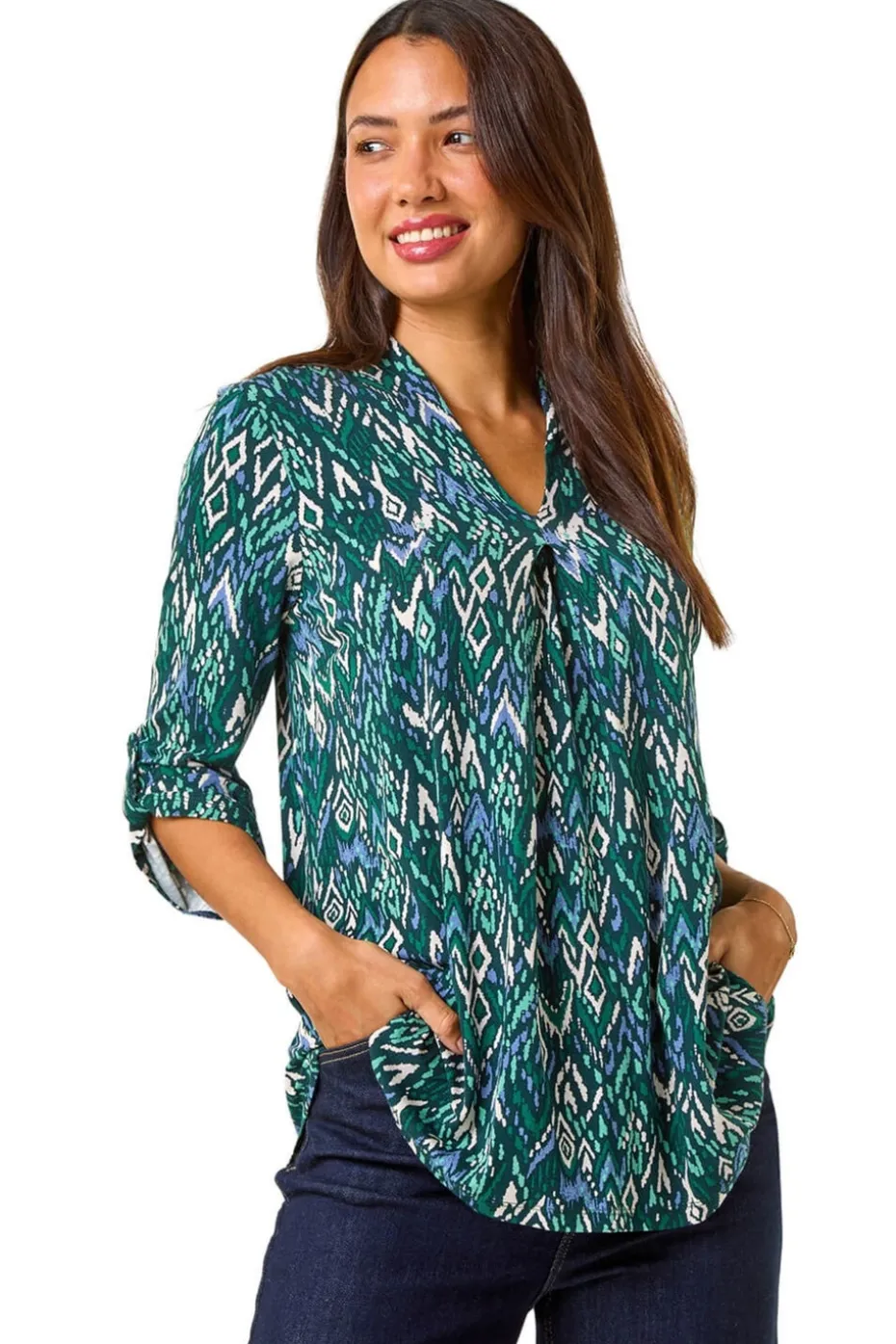 Roman Teal Abstract Print Front Pleat Stretch Top