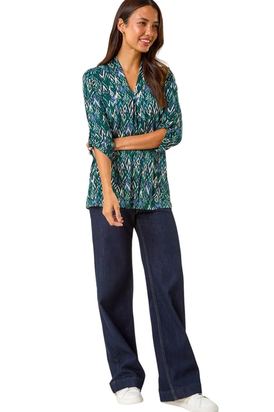 Roman Teal Abstract Print Front Pleat Stretch Top
