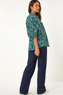 Roman Teal Abstract Print Front Pleat Stretch Top