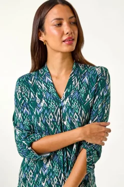 Roman Teal Abstract Print Front Pleat Stretch Top