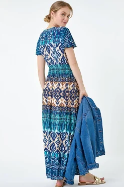 Roman Teal Aztec Print Shirred Stretch Maxi Dress