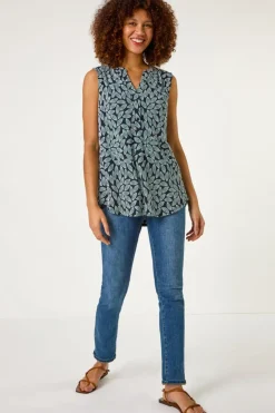 Roman Teal Textured Leaf Print Stretch Top