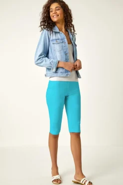Roman Turquoise Elastic Waist Knee Length Stretch Shorts