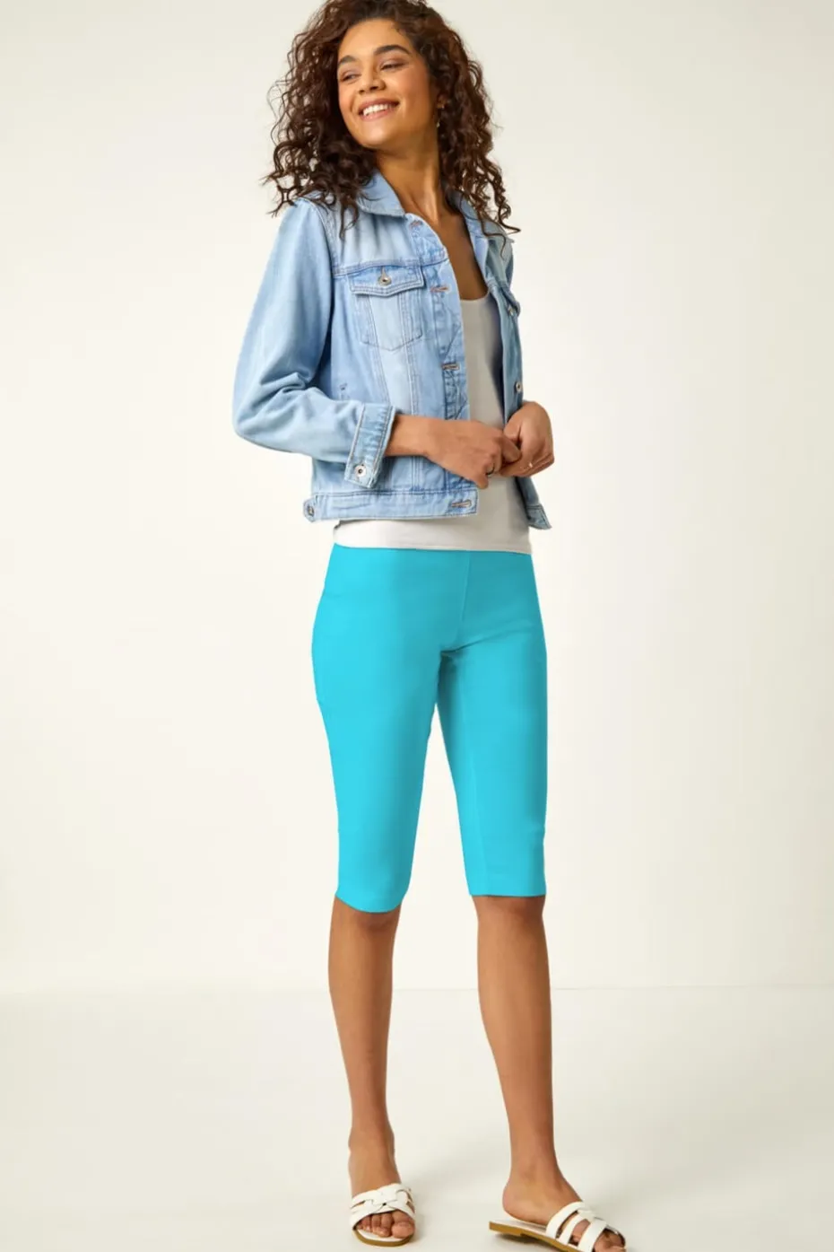 Roman Turquoise Elastic Waist Knee Length Stretch Shorts