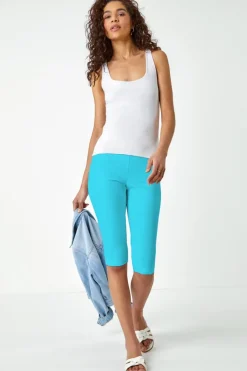 Roman Turquoise Elastic Waist Knee Length Stretch Shorts
