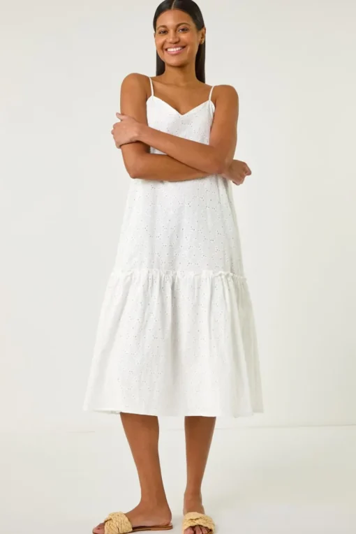 Roman White Broderie Frill Tiered Midi Dress