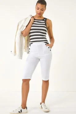 Roman White Buttoned Pocket Cropped Shorts