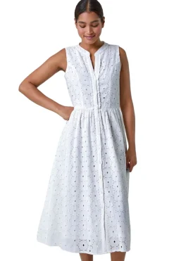 Roman White Floral Cotton Broderie Midi Dress