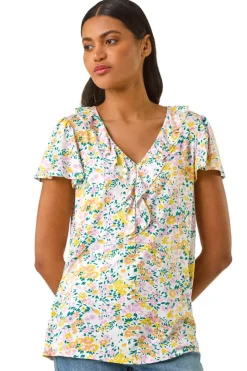 Roman White Floral Print Ruffle V Neck Top