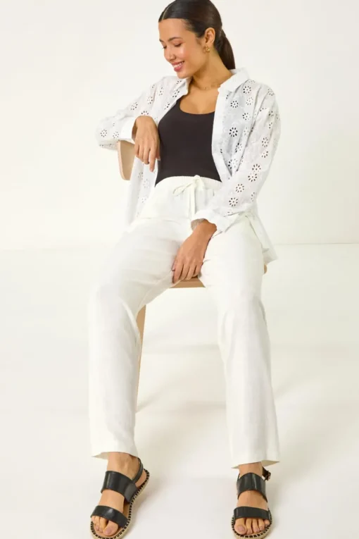 Roman White Full Length Linen Blend Trousers