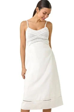 Roman White Lace Panel Strappy Midi Dress