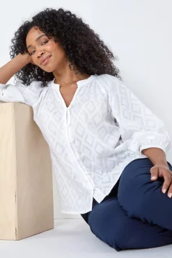 Roman White Petite Textured V Neck Cotton Blouse