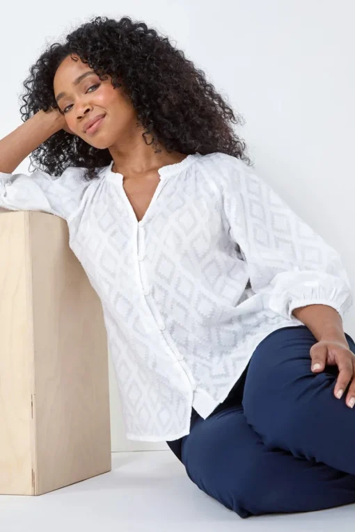 Roman White Petite Textured V Neck Cotton Blouse