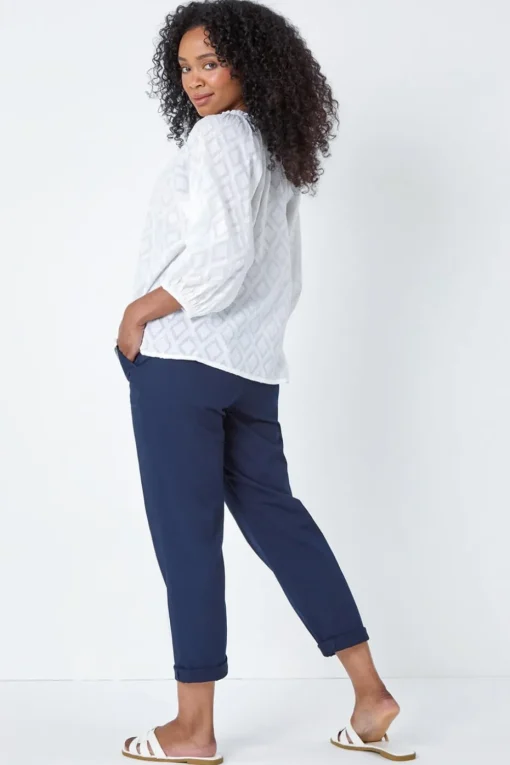 Roman White Petite Textured V Neck Cotton Blouse