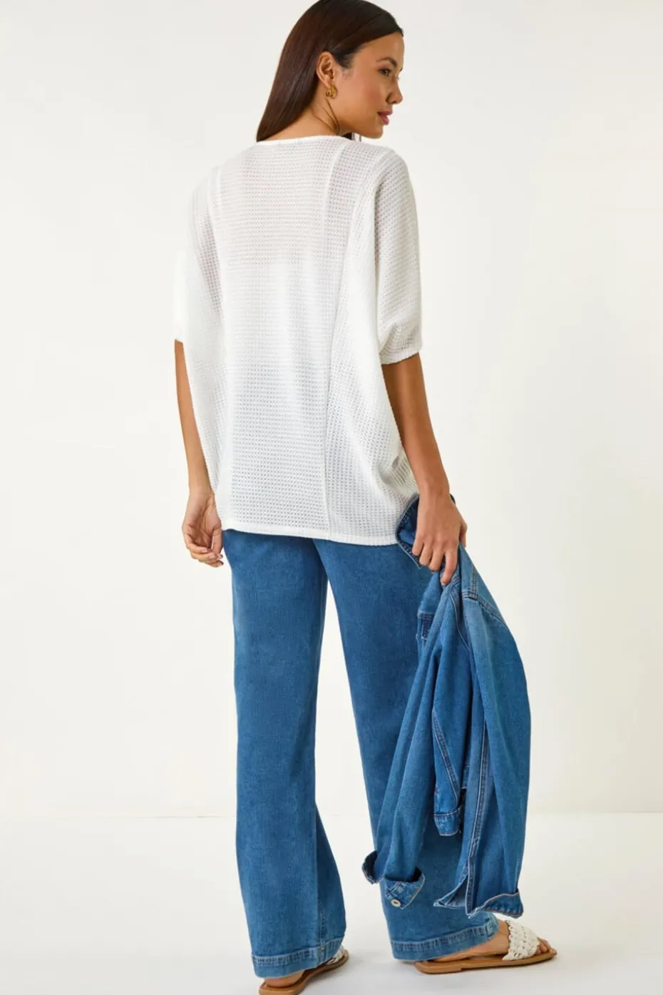 Roman White Textured V-Neck Cocoon Stretch Top