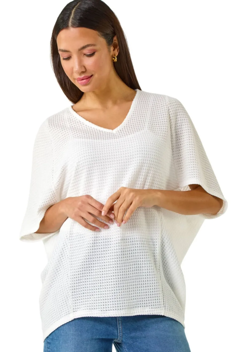 Roman White Textured V-Neck Cocoon Stretch Top