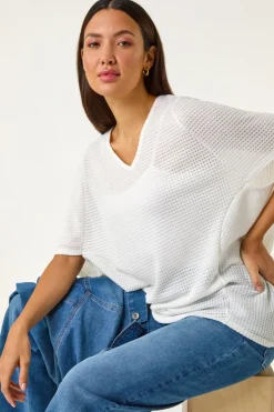 Roman White Textured V-Neck Cocoon Stretch Top