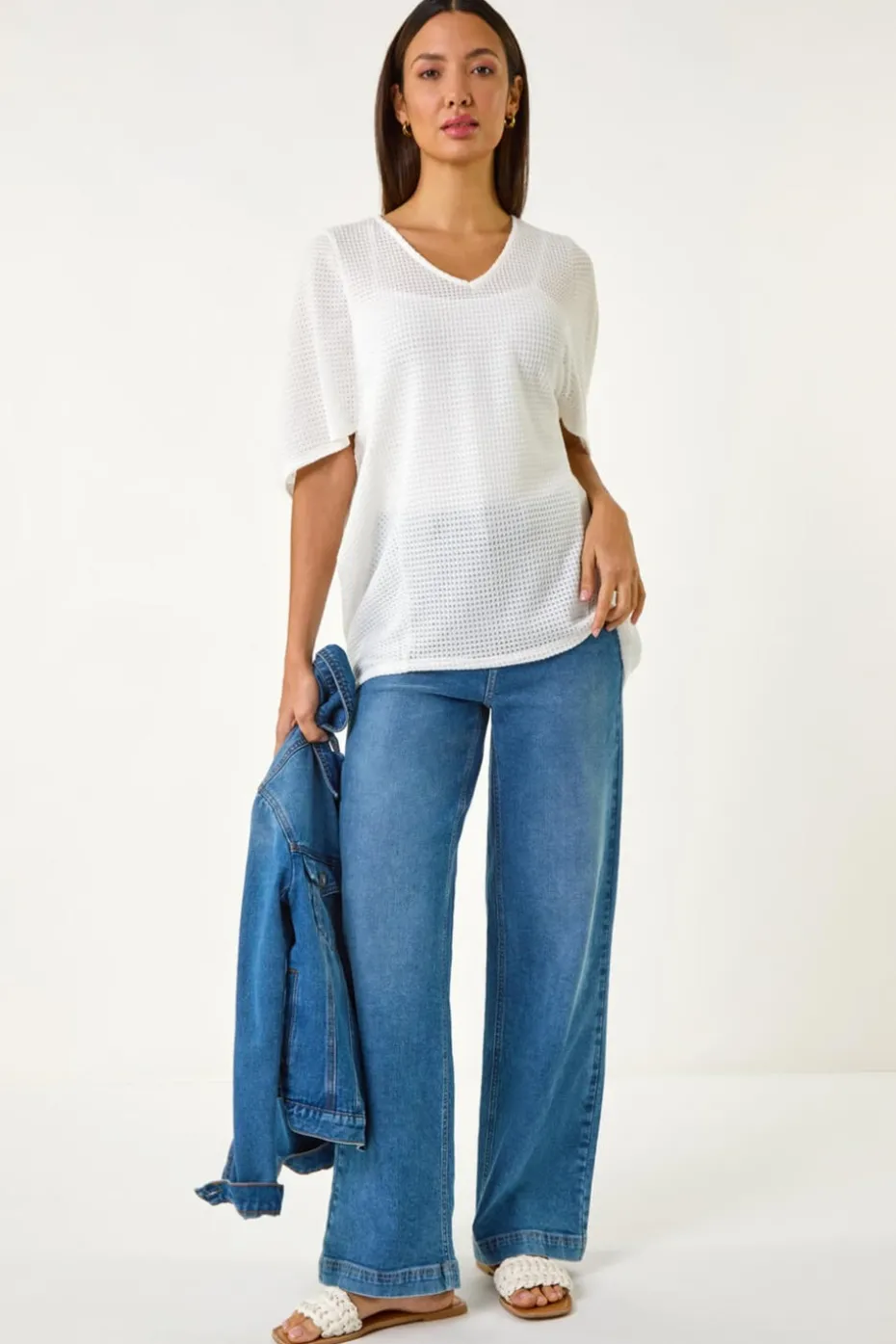 Roman White Textured V-Neck Cocoon Stretch Top