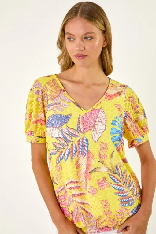 Roman Yellow Floral Print Bubble Hem Tee