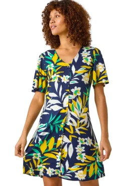 Roman Yellow Leaf Button Detail Tea Dress