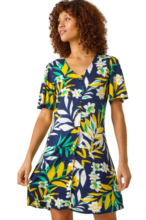 Roman Yellow Leaf Button Detail Tea Dress
