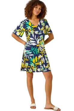 Roman Yellow Leaf Button Detail Tea Dress