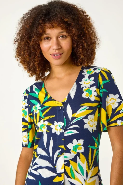 Roman Yellow Leaf Button Detail Tea Dress