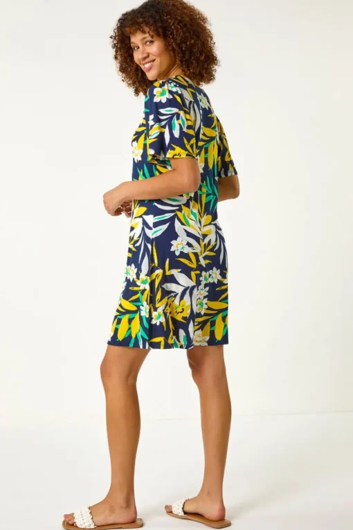 Roman Yellow Leaf Button Detail Tea Dress