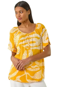 Roman Yellow Leaf Print Button Detail Top