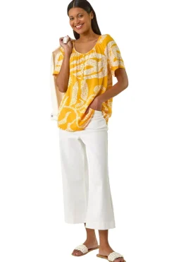 Roman Yellow Leaf Print Button Detail Top