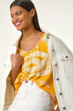 Roman Yellow Leaf Print Button Detail Top