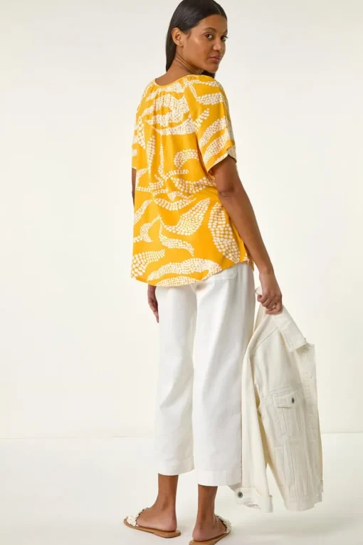 Roman Yellow Leaf Print Button Detail Top