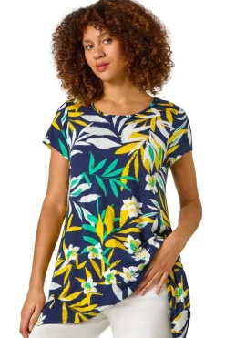 Roman Yellow Leaf Print Hanky Hem Tunic Top