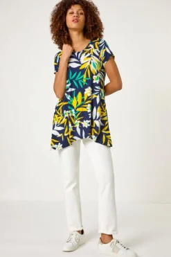 Roman Yellow Leaf Print Hanky Hem Tunic Top