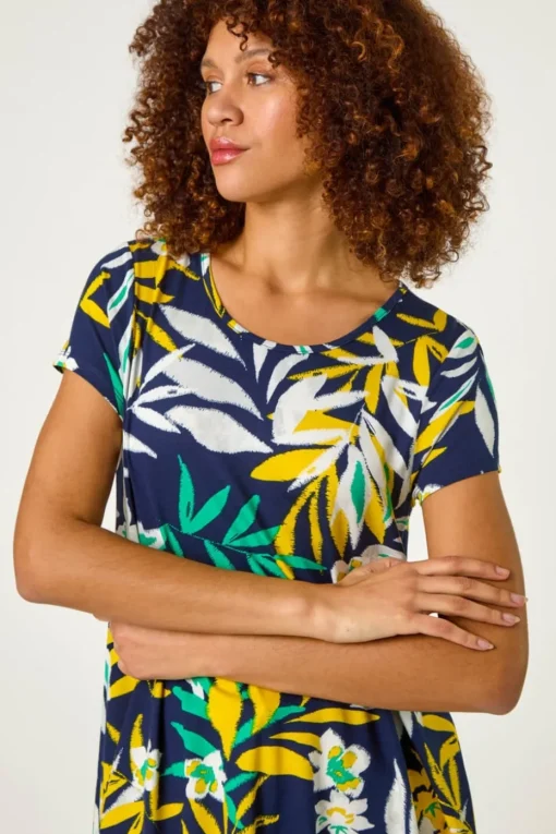 Roman Yellow Leaf Print Hanky Hem Tunic Top