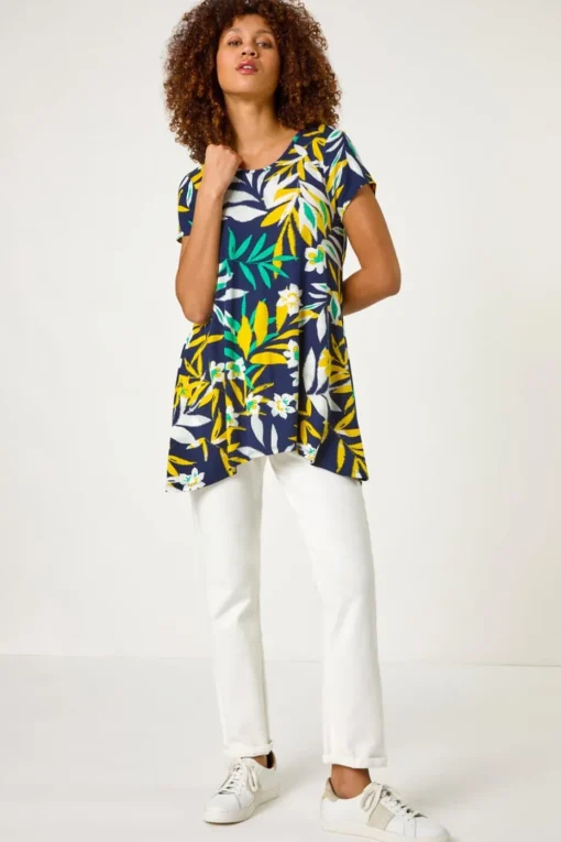 Roman Yellow Leaf Print Hanky Hem Tunic Top