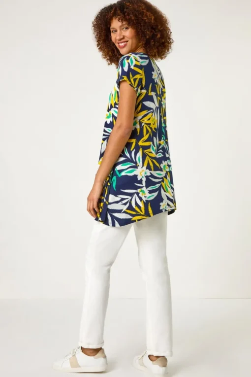 Roman Yellow Leaf Print Hanky Hem Tunic Top
