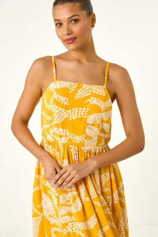 Roman Yellow Leaf Print Strap Midi Dress