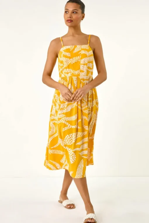 Roman Yellow Leaf Print Strap Midi Dress