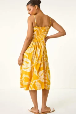 Roman Yellow Leaf Print Strap Midi Dress