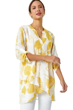 Roman Yellow Palm Print V-Neck Wrap Hem Tunic Top