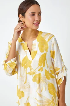 Roman Yellow Palm Print V-Neck Wrap Hem Tunic Top