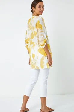 Roman Yellow Palm Print V-Neck Wrap Hem Tunic Top
