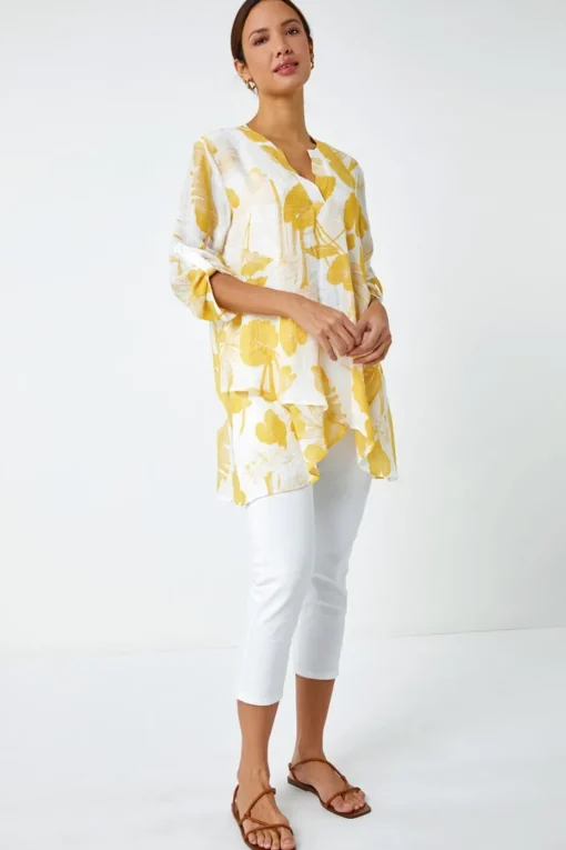 Roman Yellow Palm Print V-Neck Wrap Hem Tunic Top