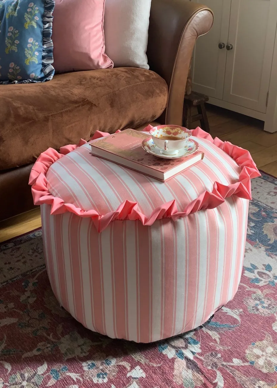 rucomfy Printed Striped Dusky Pink Frilled Pouffe
