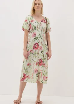 Sage Green Floral Puff Sleeve Tea Midi Dress